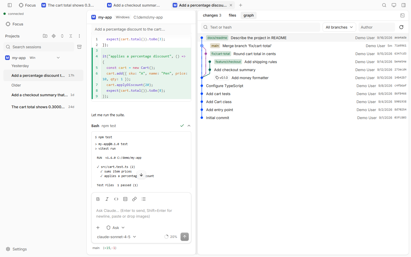 The git graph with branches, tags and commits