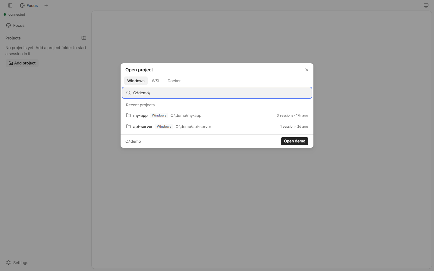 The Open project dialog with recent projects