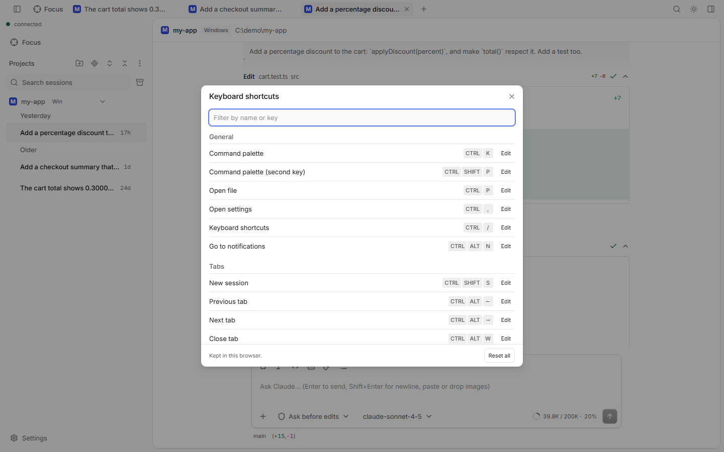 The Keyboard shortcuts dialog